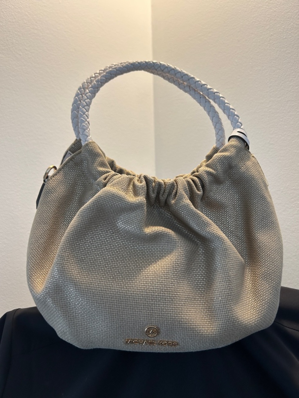 Michael Kors Tan Canvas Shoulder Bag with White Braided Handles